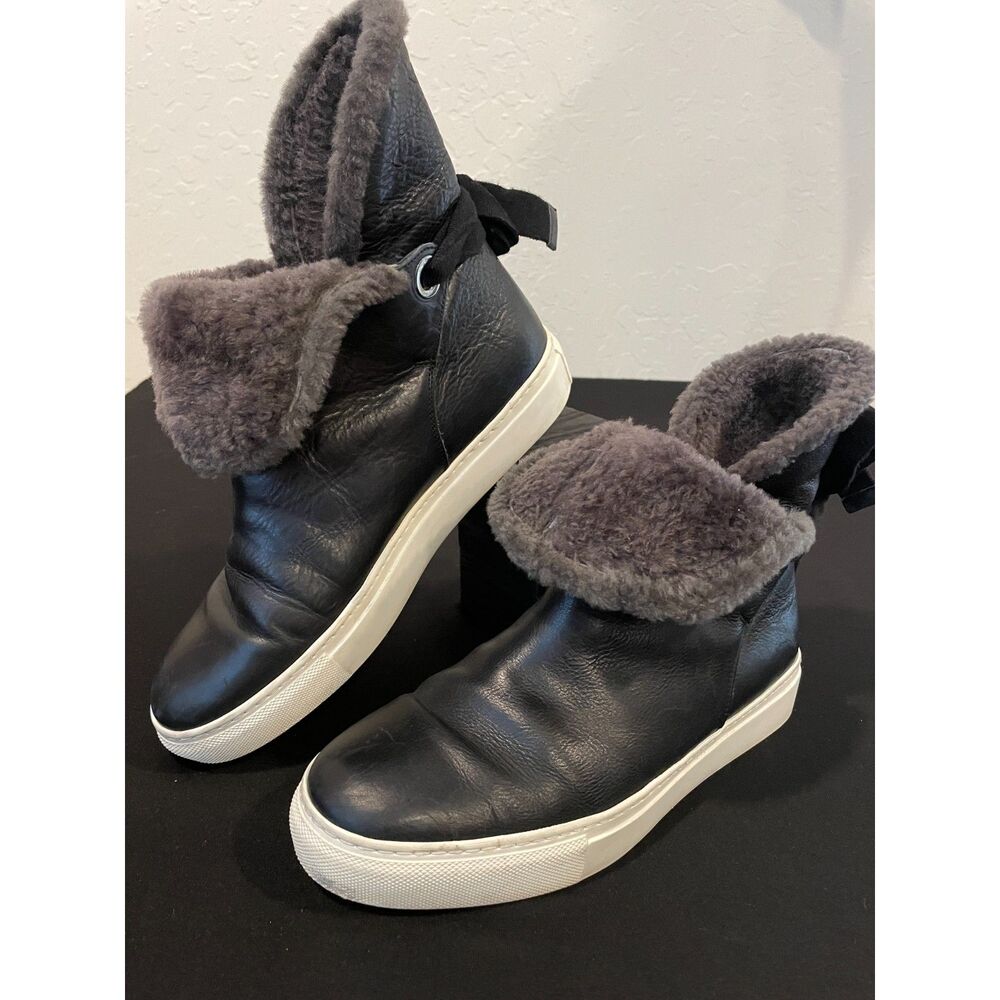 ~ M. Gemi Gia Leather Shearling Black Boots 40 Bow, Foldover Ankle 9 Chelsea